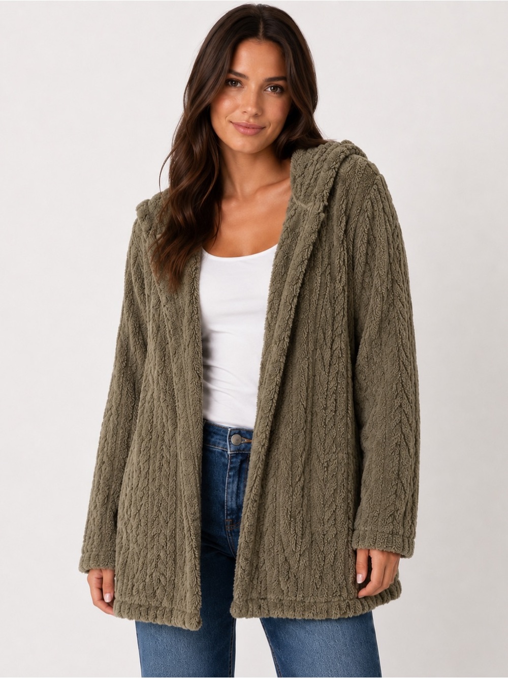 Hooded Cable Knit Open Cardigan - Olive Green